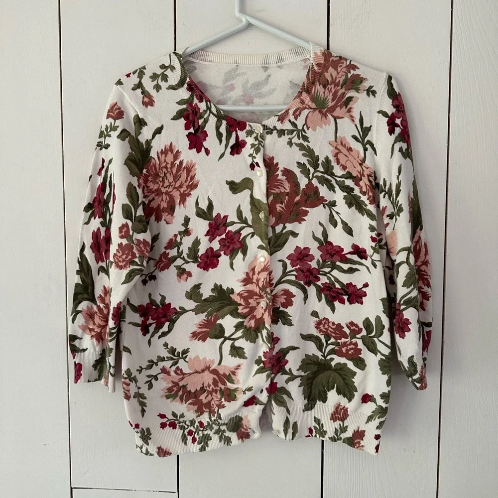Floral Cardigan Sweater Sz S-M White Burgundy Pink Green